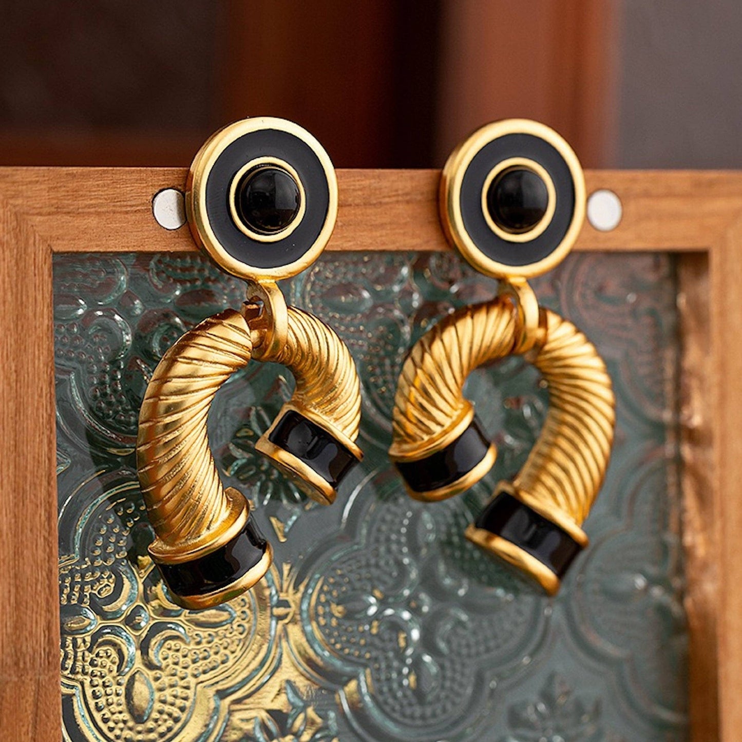 Gold Plated Chunky Black Enamel Large Drop Earrings