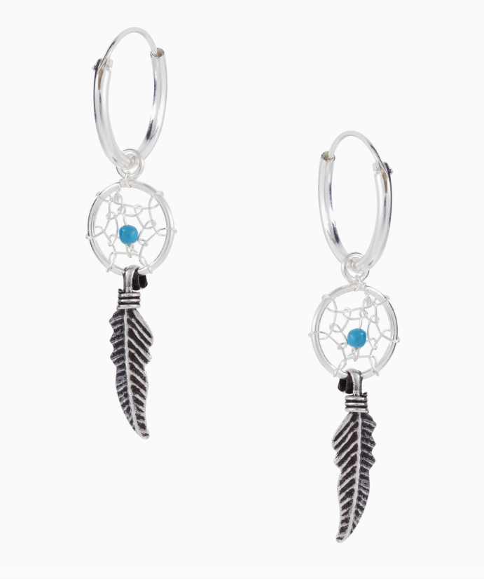 925 Silver Dream Catcher with Feather Drop Hoop Earrings