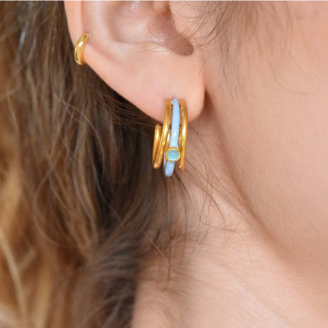 Gold Vermeil, Sterling Silver Blue Enamel and Chalcedony Hoop Earrings