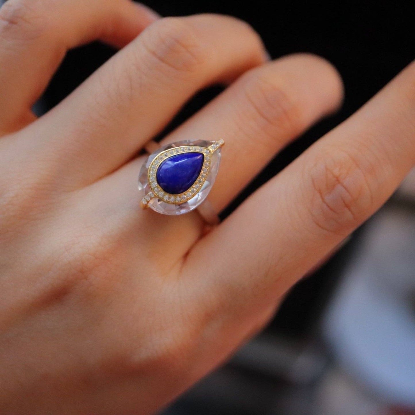 Gold Vermeil Lapis Lazuli Pear Cut Clear Crystal Adjustable Ring