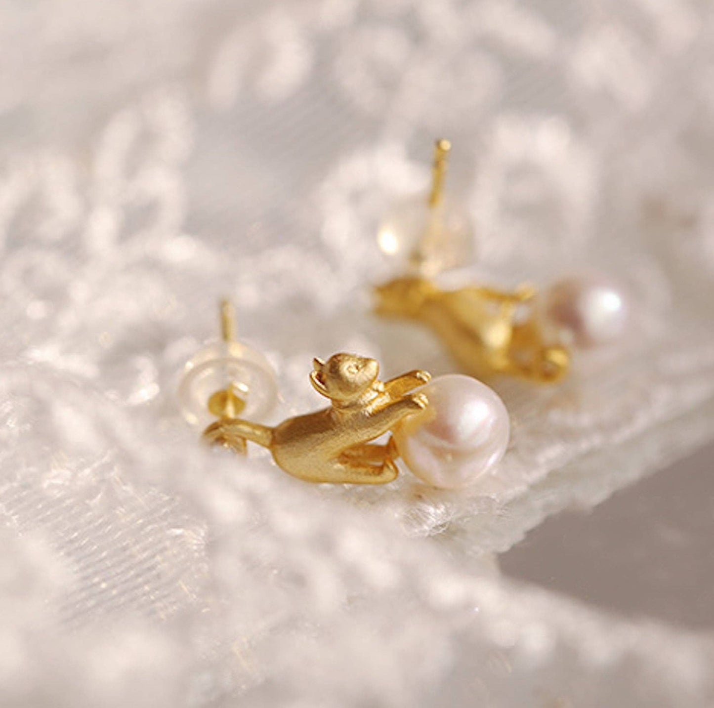 Sterling Silver, 18ct Gold Vermeil Cute Cat Stud Earrings