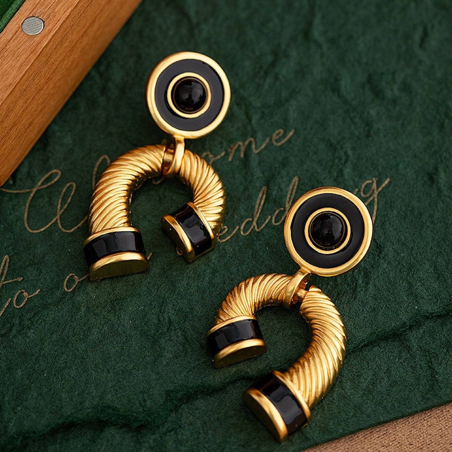 Gold Plated Chunky Black Enamel Large Drop Earrings