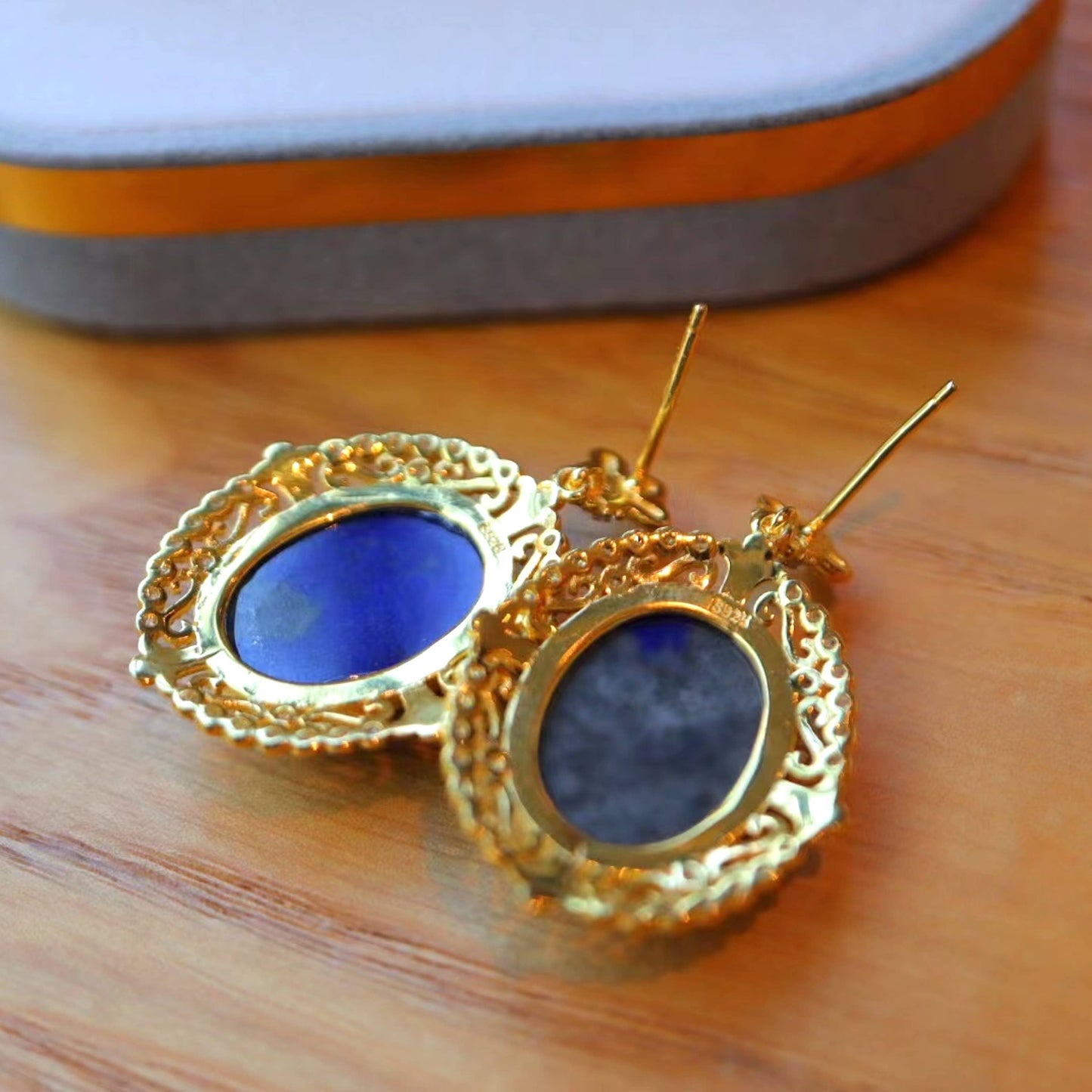 Sterling Silver Gold Vermeil Royal Lapis Lazuli Renaissance Style Earrings
