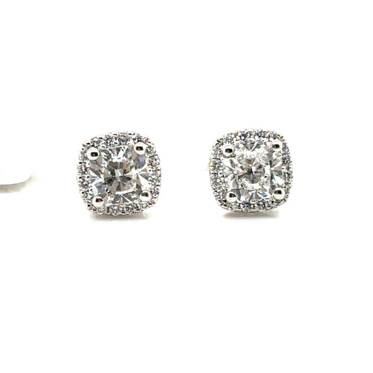 Square Cushion Brilliant Cut Diamond Halo Stud Earrings in Platinum