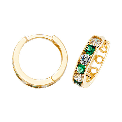 9ct Gold Hinged Hoop Emerald Cubic Zirconia Earrings