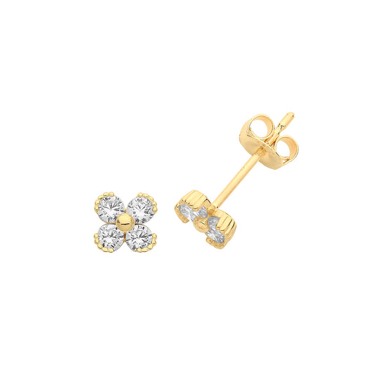 Sparkling 4 Petal Flower 9ct Yellow Gold Stud Earrings Set with Cubic Zirconia