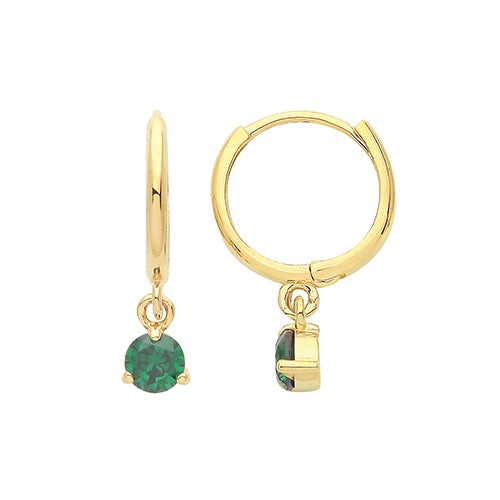 9CT YELLOW GOLD EMERALD GREEN CZ DROP HINGED EARRINGS