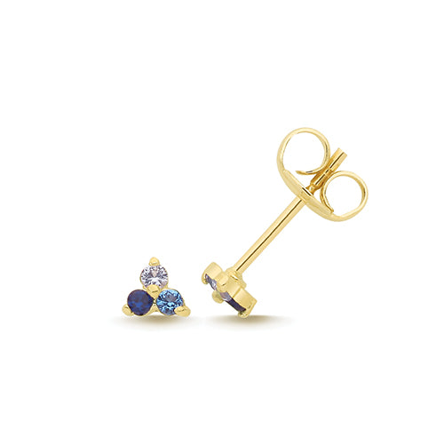 Blue Cubic Zirconia 3 Stone Stud Earrings in 9ct Yellow Gold