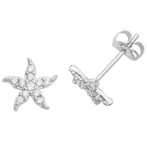 9ct White Gold, Cubic Zirconia Starfish Stud Earrings