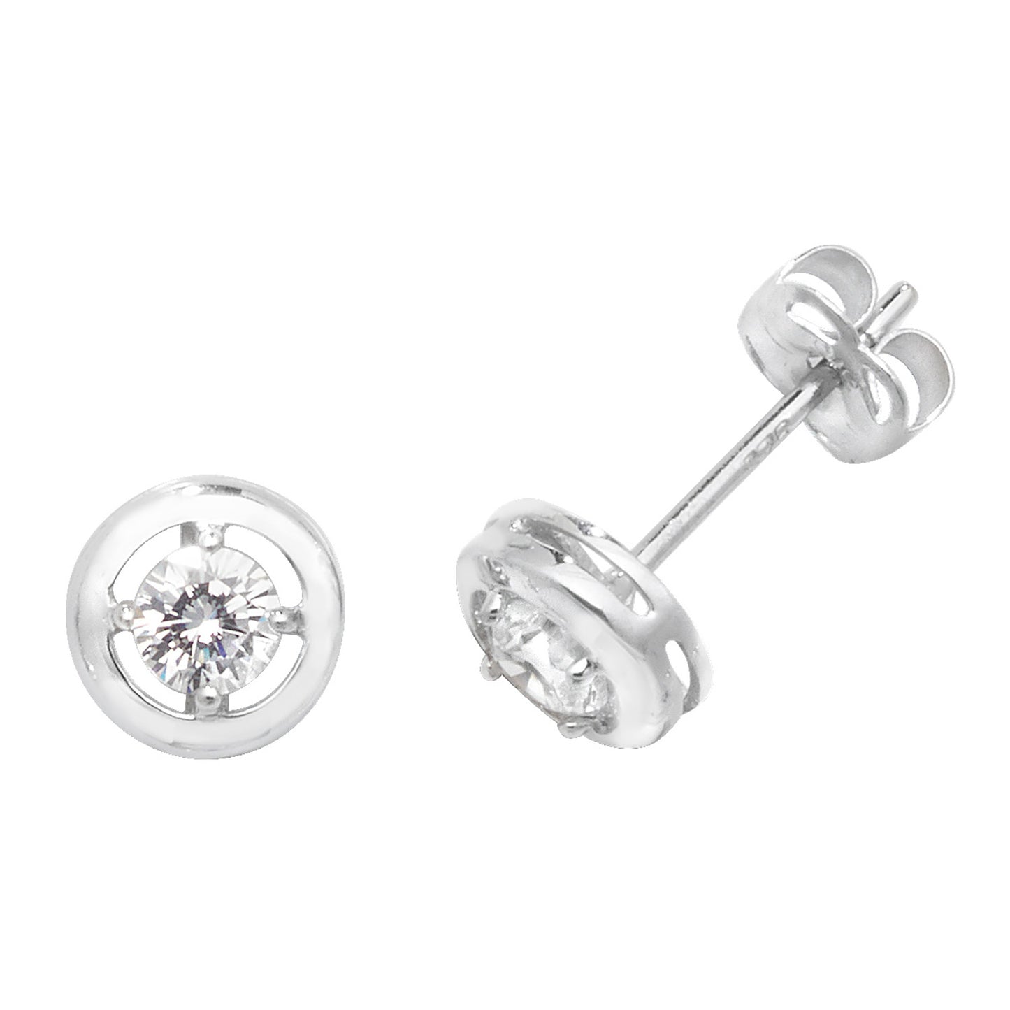 6mm Wide, 9ct White Gold Bezel Style With Claw Set Cubic Zirconia Stud Earrings