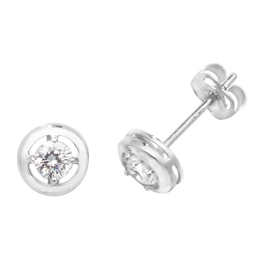 6mm Wide, 9ct White Gold Bezel Style With Claw Set Cubic Zirconia Stud Earrings