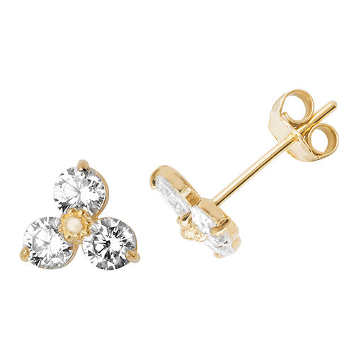9ct yellow gold 3 stone cubic zirconia stud earrings