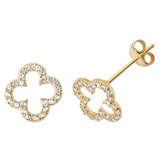 Iconic Sparkling Clover Shaped Cubic Zirconia 9ct Yellow Gold Stud Earrings