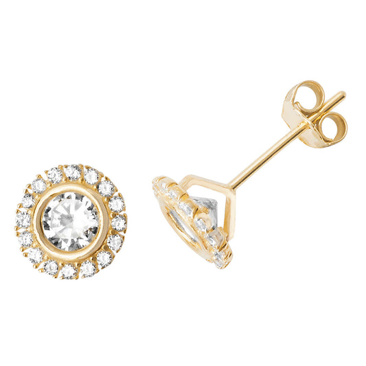 9ct Yellow Gold Round Halo CZ Stud Earrings