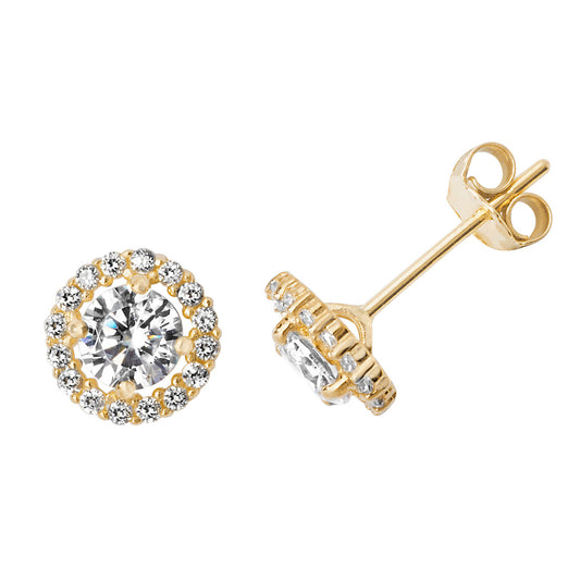 7mm Wide, 9ct Gold, Cubic Zirconia Halo Earrings