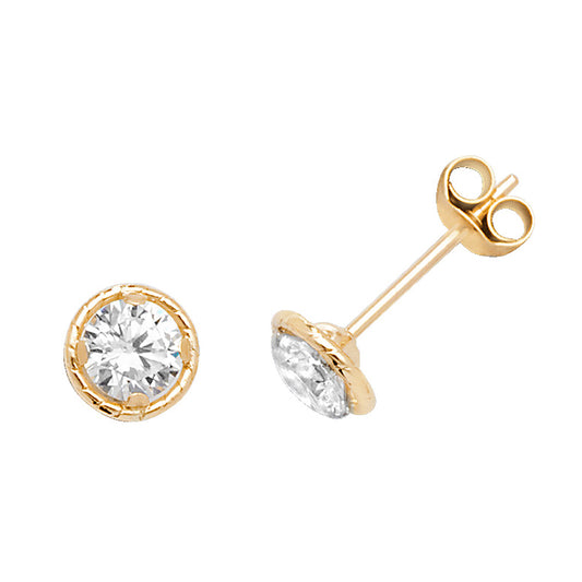 5.5mm Wide, 9ct Gold Bezel Style With Claw Set Cubic Zirconia Stud Earrings
