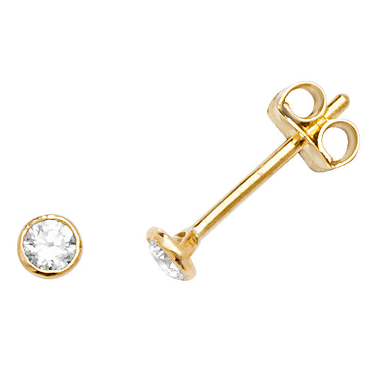 3mm 9ct Gold Bezel Set Cubic Zirconia Stud Earrings