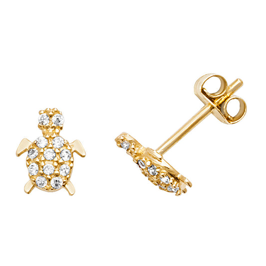 Sparkly Turtle Stud Earrings Set With Cubic Zirconia in 9ct Yellow Gold