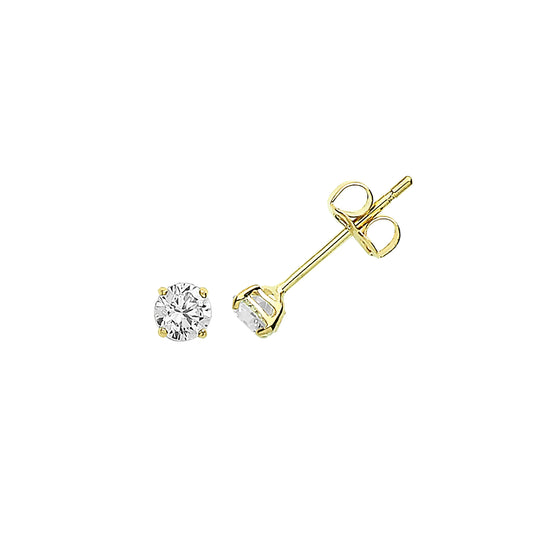 9ct Gold, 3mm Cubic Zirconia Claw Set Stud Earrings