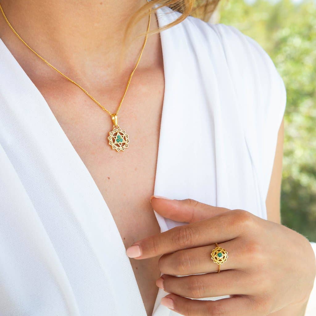 Heart Chakra Ring, Emerald & Silver Gold Plated