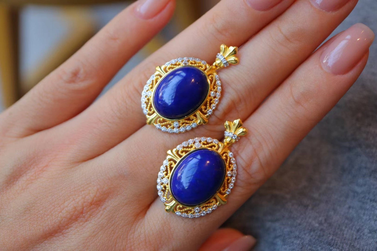Sterling Silver Gold Vermeil Royal Lapis Lazuli Renaissance Style Earrings