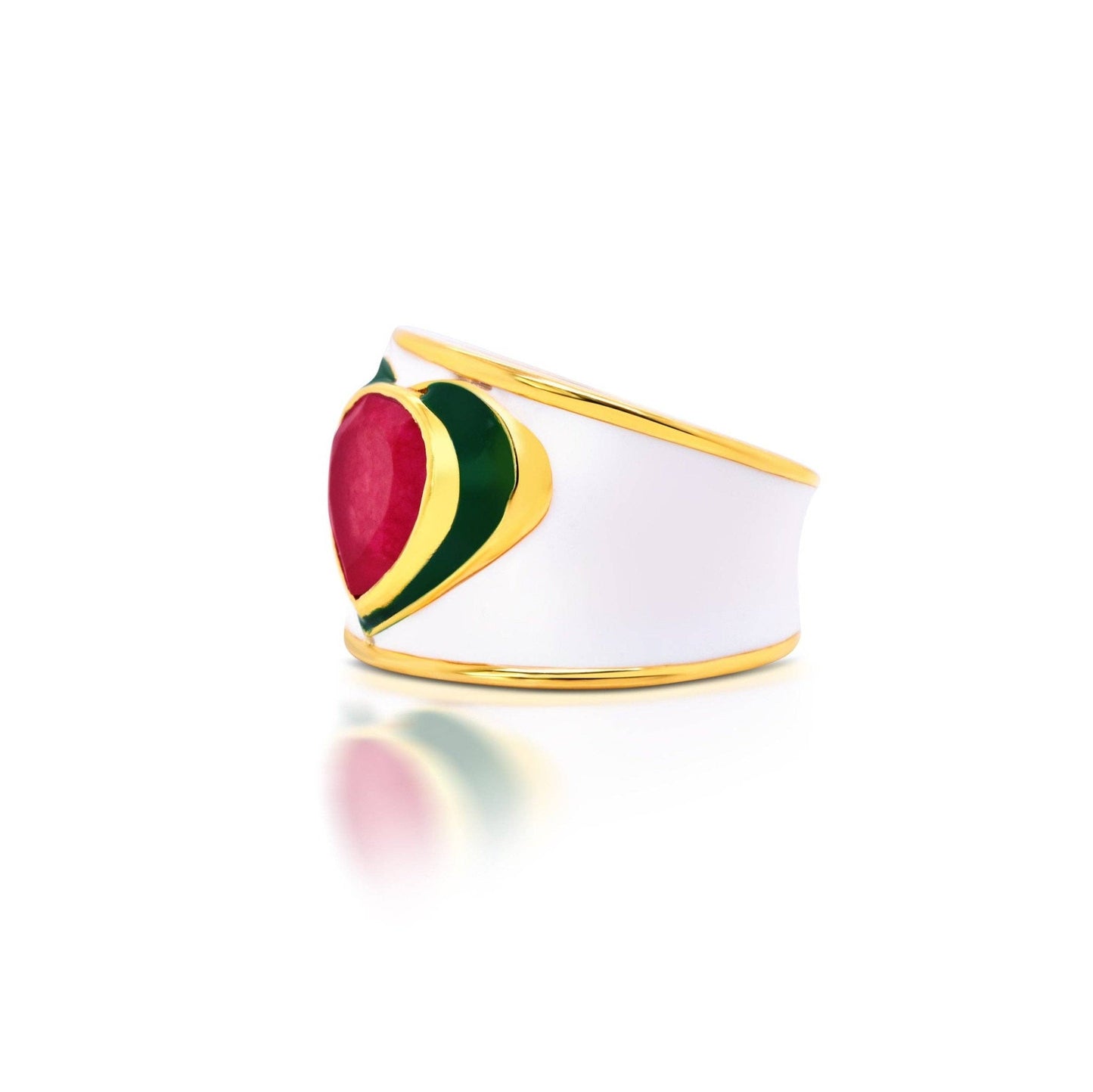 Love Heart Ring in White Enamel with Fuschia Chalcedony Gemstone