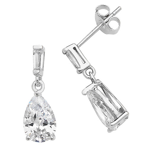Pear Cut and Baguette Cut Cubic Zirconia Sterling Silver Drop Earrings