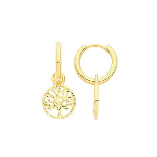 Tree of Life Silver, Gold Plated Drop Hoop