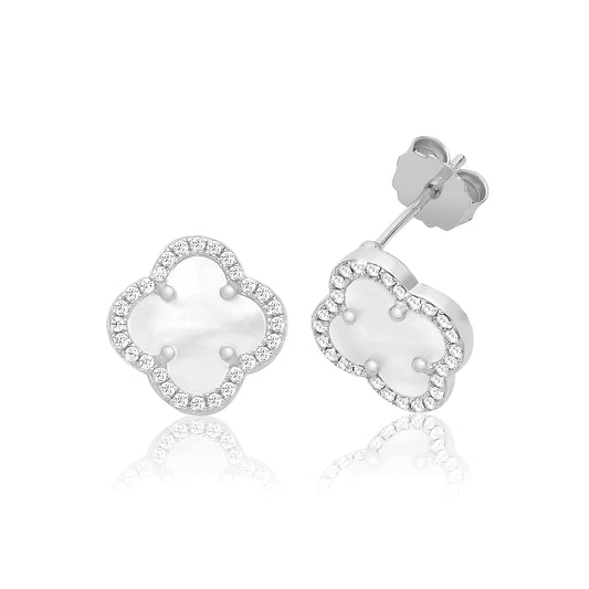 Silver Rhodium Plated Mother Of Pearl, Cubic Zirconia Clover Stud Earrings