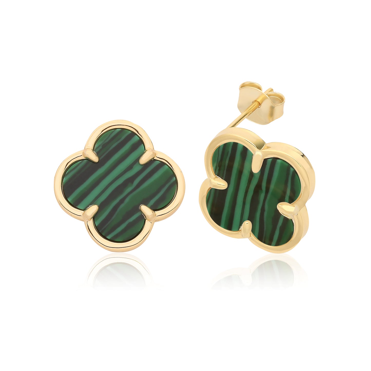 Silver Gold Plated Malachite Clover Stud Earrings