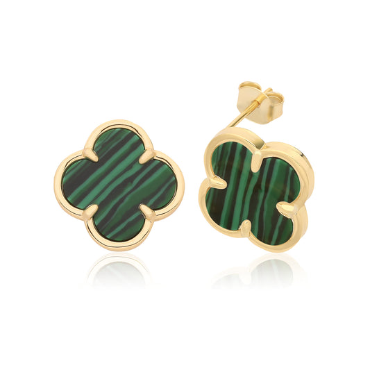 Silver Gold Plated Malachite Clover Stud Earrings