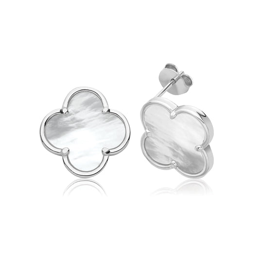 Silver Rhodium Plated Mother Of Pearl Clover Stud Earrings