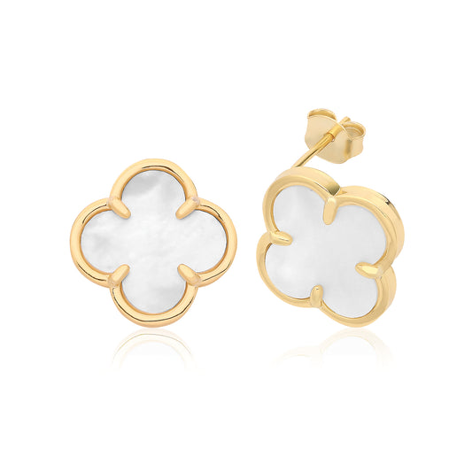 Silver Gold Plated Mother Of Pearl Clover Stud Earrings