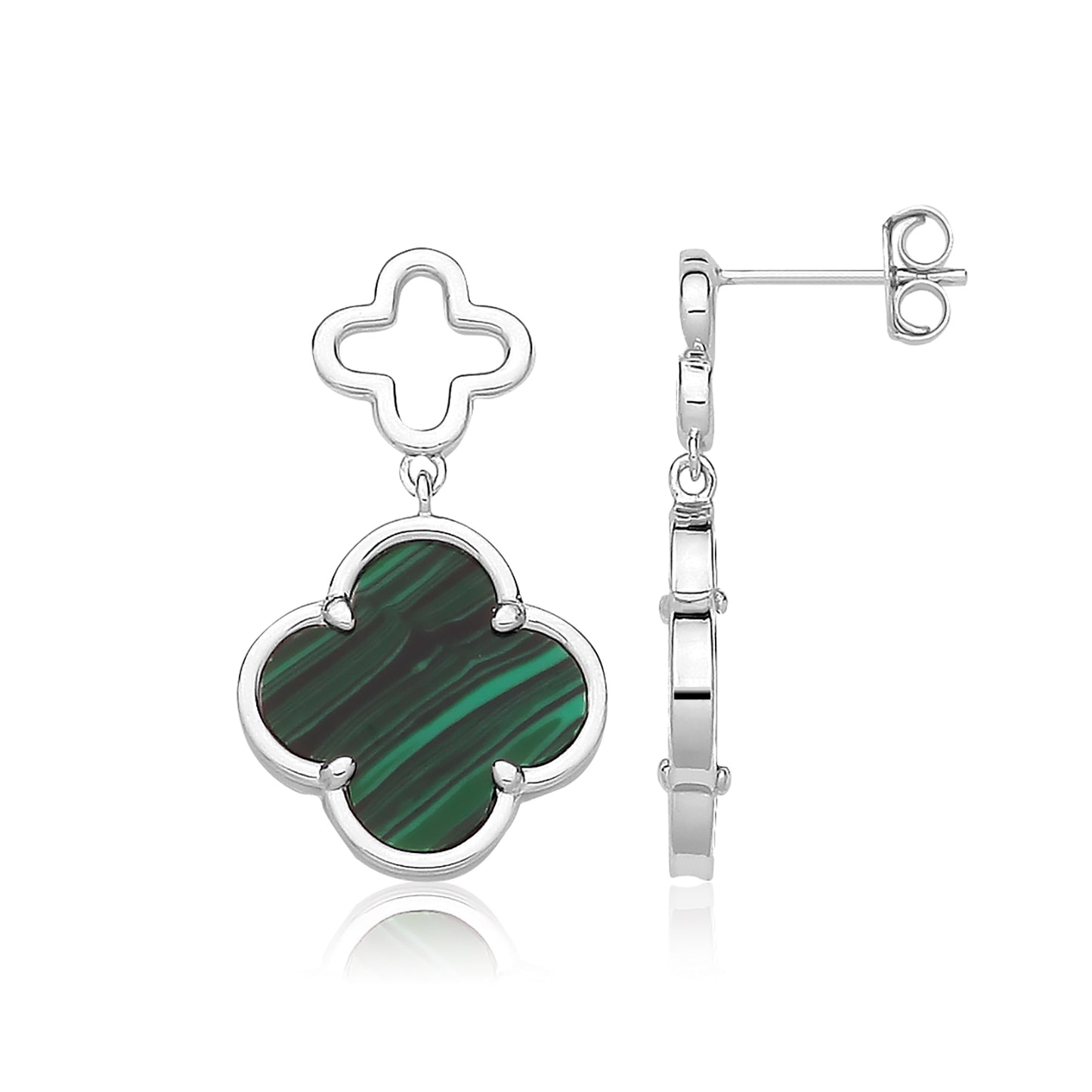 Silver Rhodium PlatedMalachite Clover Stud Drop Earrings