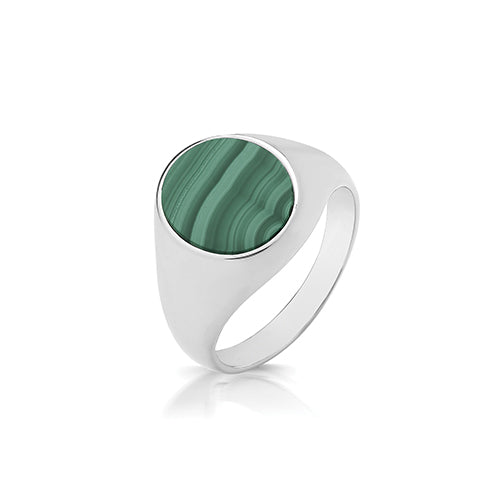 Silver oval malachite signet ring