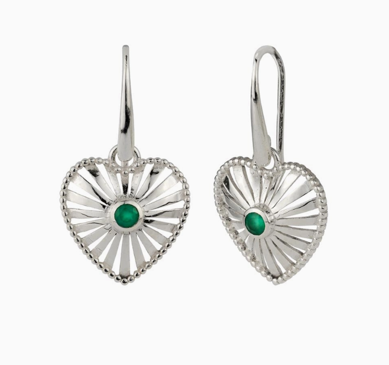 925 Silver Heart Ray Earrings with Green Onyx Centre Stone