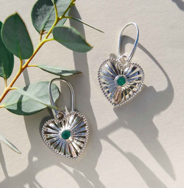 925 Silver Heart Ray Earrings with Green Onyx Centre Stone