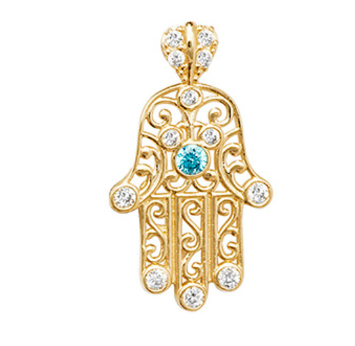 9ct Yellow Gold Filigree Hamsa Hand with Blue & Clear Cubic Zirconia