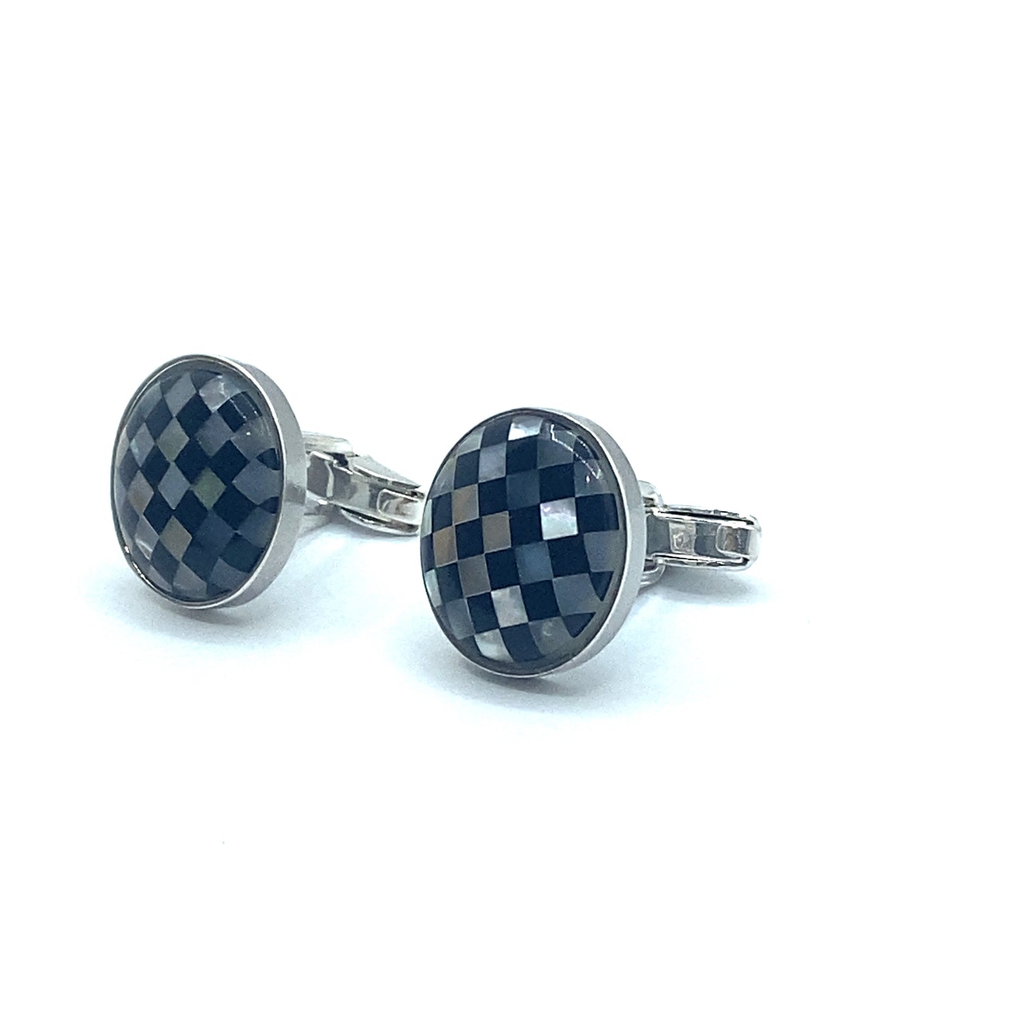 Sterling Silver, Chequer Board Onyx & Mother Of Pearl Round Cufflinks
