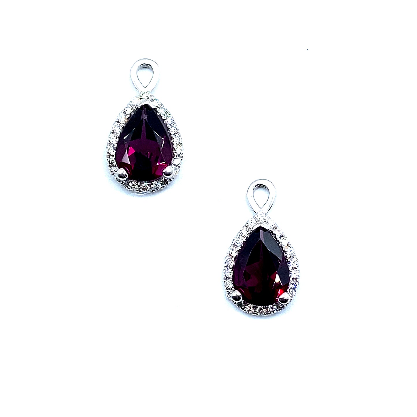 Bespoke Pear Cut Rhodolite Garnet with Diamond Halo 9ct White Gold Drop, Removable Attachment For Earrings, Hoop Earrings and Necklaces