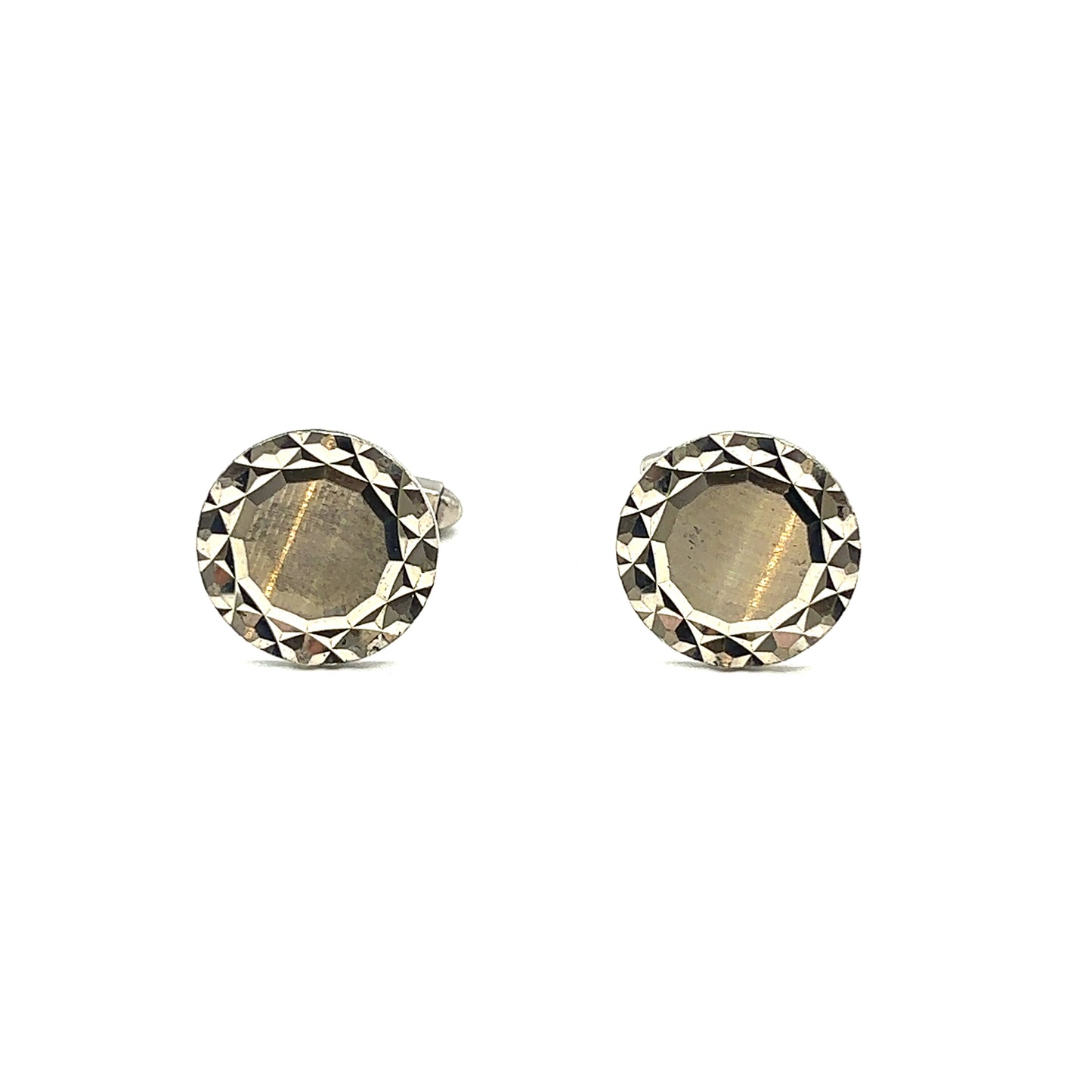 Vintage 1970s, Round Solid Sterling Silver Diamond Engraved Effect Bright Cut Cufflinks