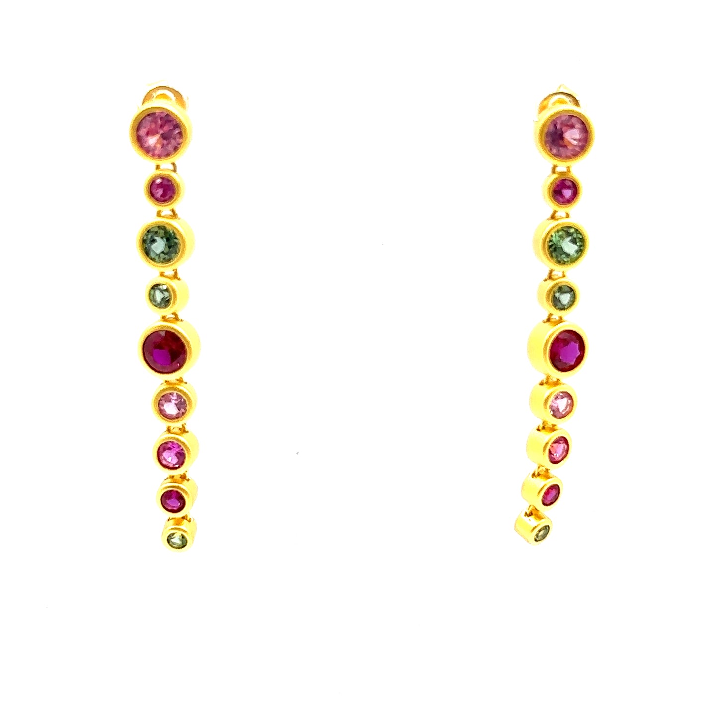 Colourful Lab Created Pink & Green Sapphire with Ruby Gemstone Long Shoulder Drop Earrings