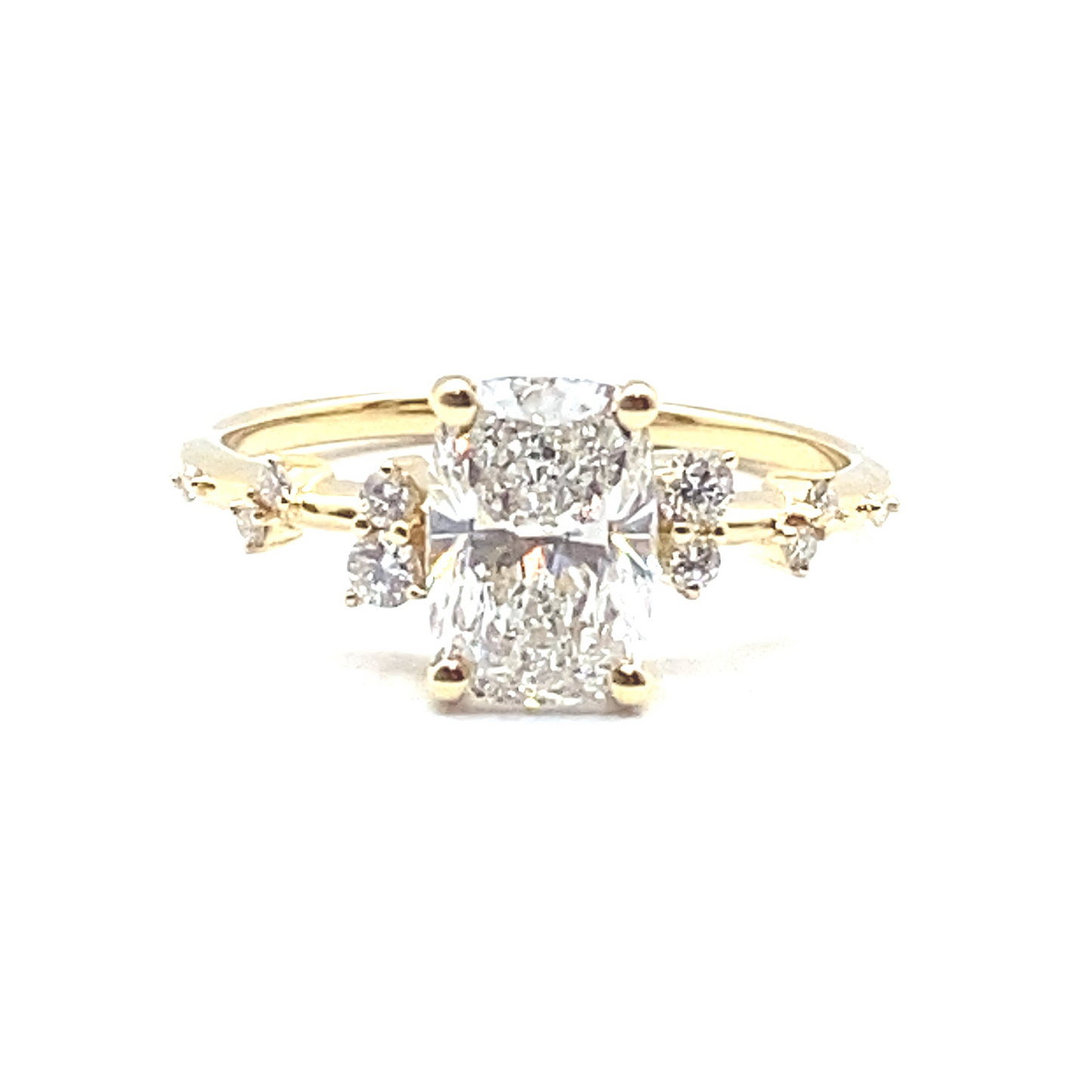 Monroe's "Flowing Nature" Cushion Cut Diamond With Scattered Set Diamonds 18ct Yellow Gold Engagement Ring
