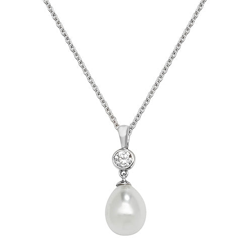 925 Sterling Silver Cubic Zirconia Pearl Teardrop Pendant Necklace