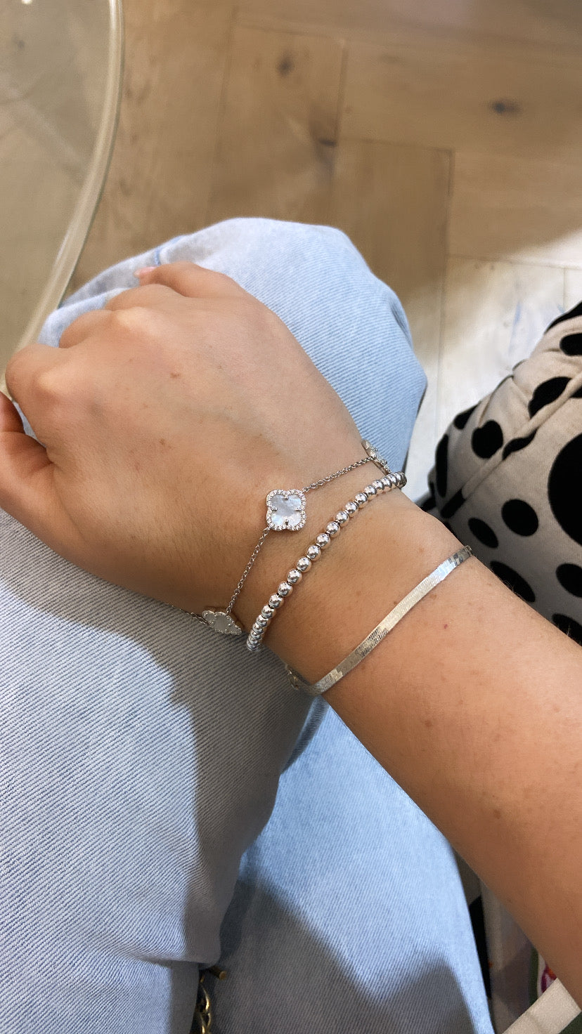 925 Silver Rhodium Plated Mother of Pearl & Cubic Zirconia Three Clover Leaf Bracelet