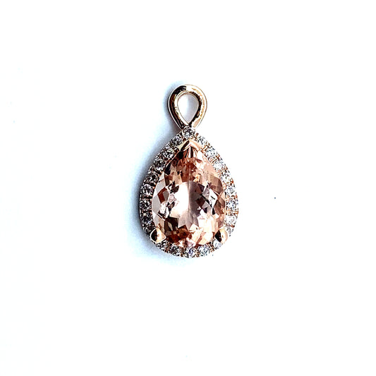 Bespoke Pear Cut Morganite with Diamond Halo 9ct Rose Gold Drop, Removable Attachments For Earrings, Hoop Earrings and Necklaces