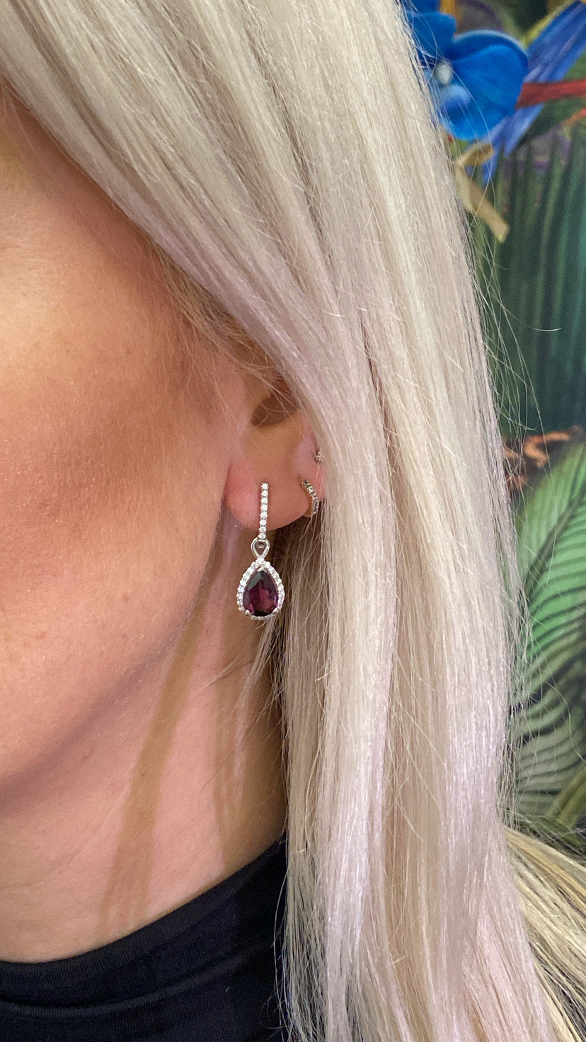 Bespoke Pear Cut Rhodolite Garnet with Diamond Halo 9ct White Gold Drop, Removable Attachment For Earrings, Hoop Earrings and Necklaces