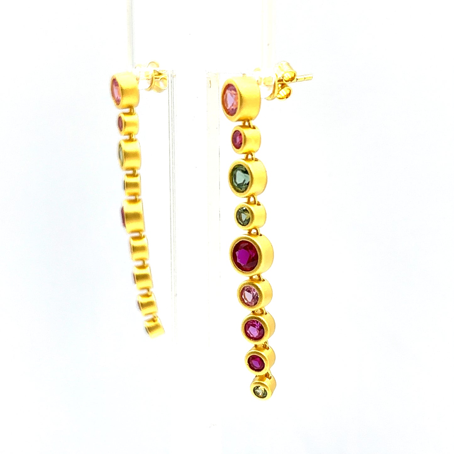 Colourful Lab Created Pink & Green Sapphire with Ruby Gemstone Long Shoulder Drop Earrings