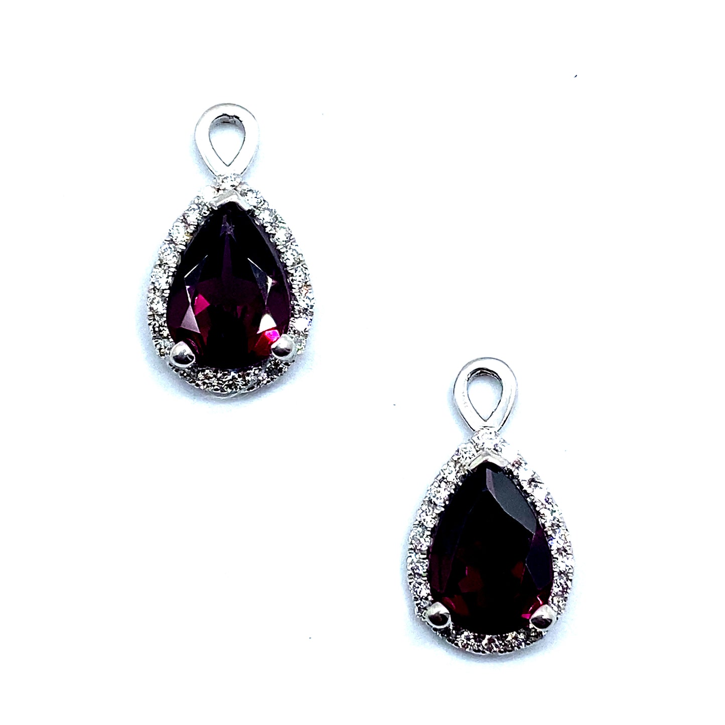 Bespoke Pear Cut Rhodolite Garnet with Diamond Halo 9ct White Gold Drop, Removable Attachment For Earrings, Hoop Earrings and Necklaces