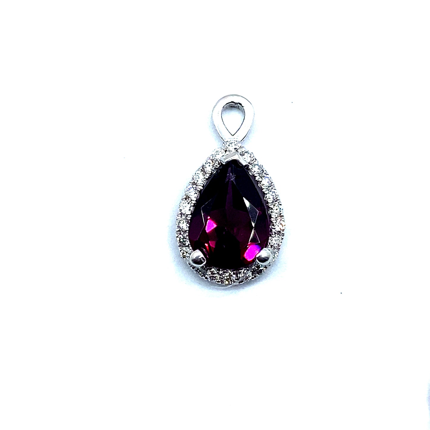 Bespoke Pear Cut Rhodolite Garnet with Diamond Halo 9ct White Gold Drop, Removable Attachment For Earrings, Hoop Earrings and Necklaces